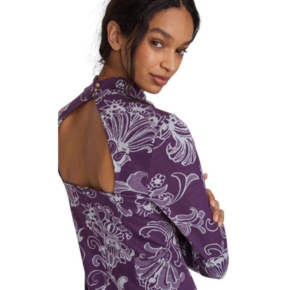 Anthropologie Maeve Knit Sweater Dress Size L Mock Neck Floral Purple Open Back - Picture 9 of 16